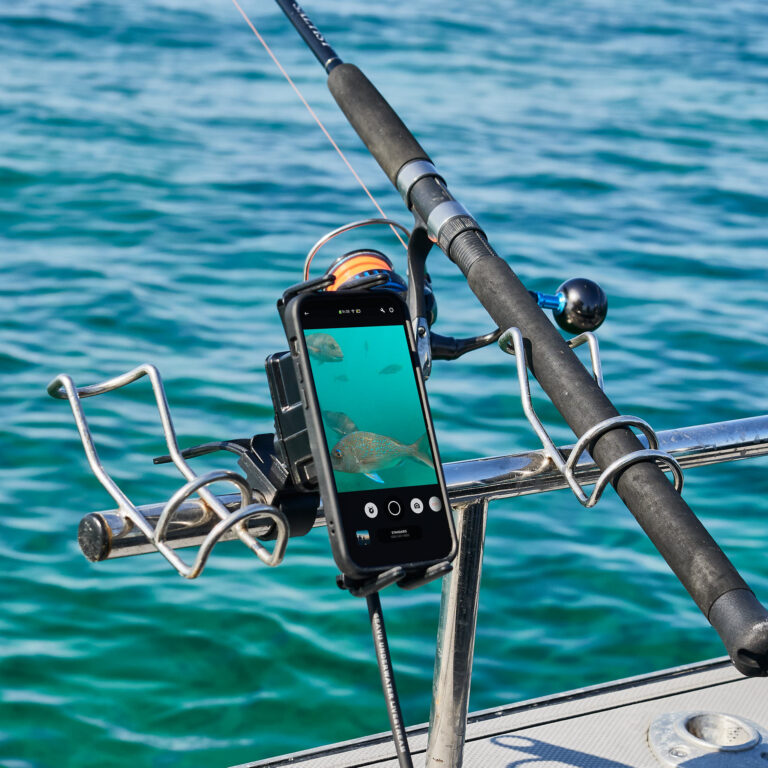 手机已连接至 Seavu Seeker，背景中实时显示鲷鱼和钓鱼竿的水下画面